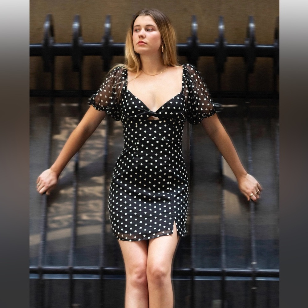 Saints + Secrets Floral Embroidered Black Puff Sleeve Mini Dress Sz Small Boho